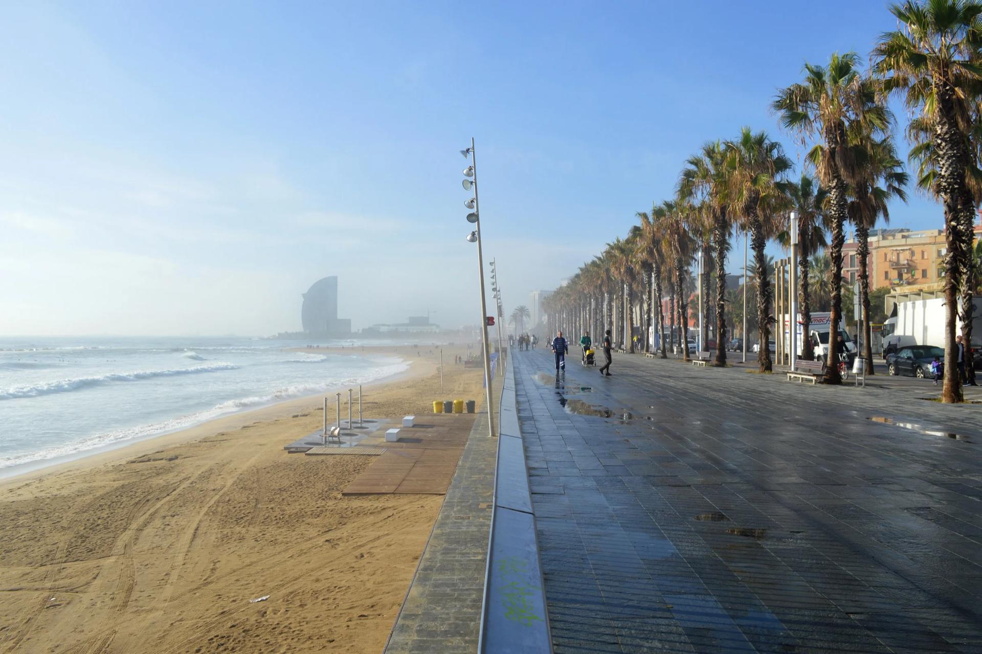 Playa y paseo marítimo de la Barceloneta, con palmeras y un edificio en forma de vela al fondo