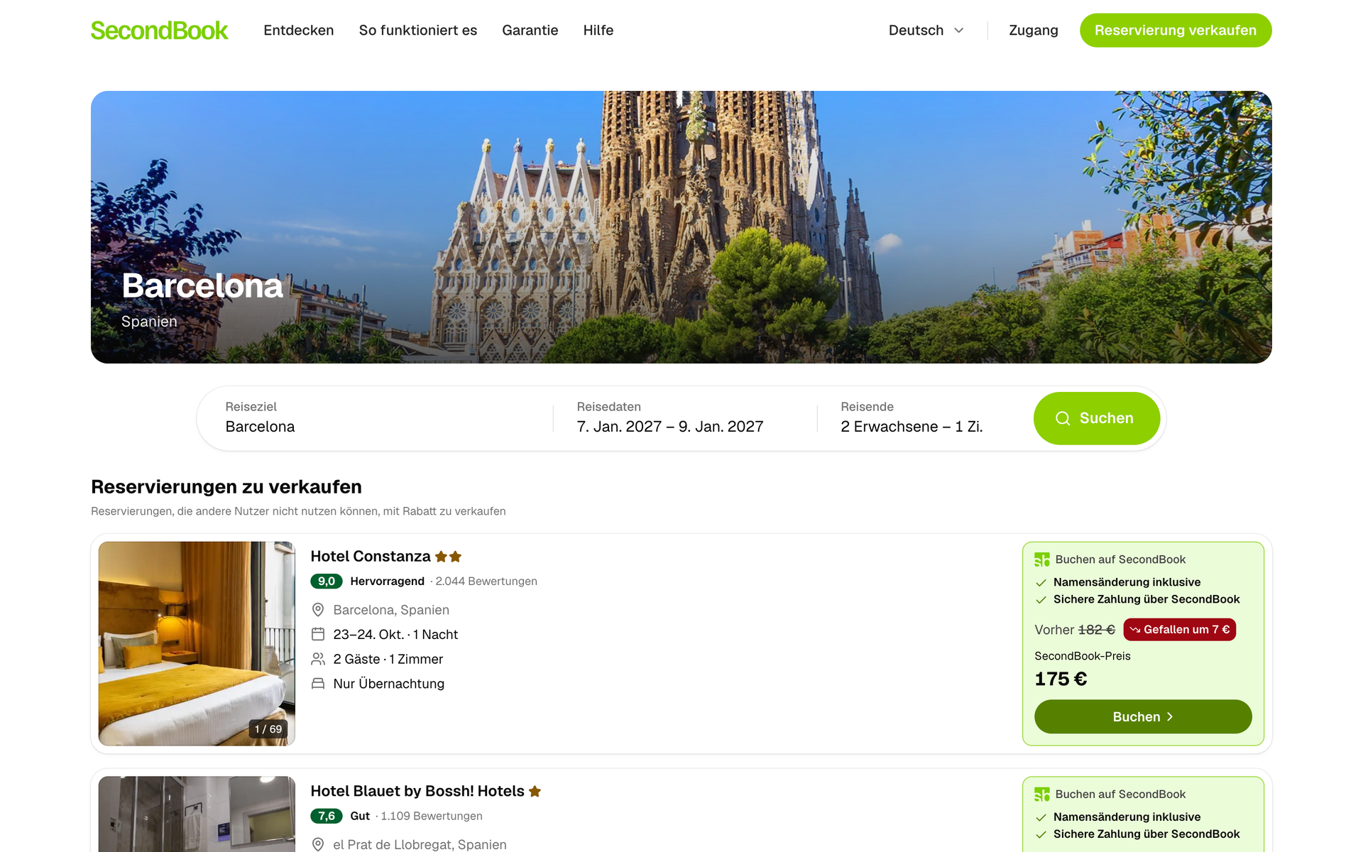 Die Seite von Barcelona: ein Foto der Stadt, die Suche und Buchungen im Verkauf in Hotels der Stadt, mit Preis und Preisnachlass.