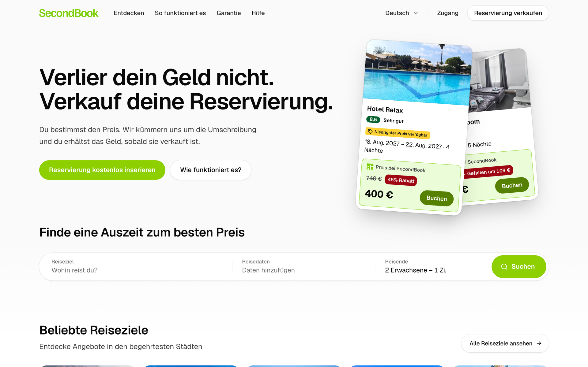 Startseite von SecondBook: „Verlier dein Geld nicht. Verkauf deine Reservierung.“, mit zwei reduzierten Hotelangeboten und der Suche.