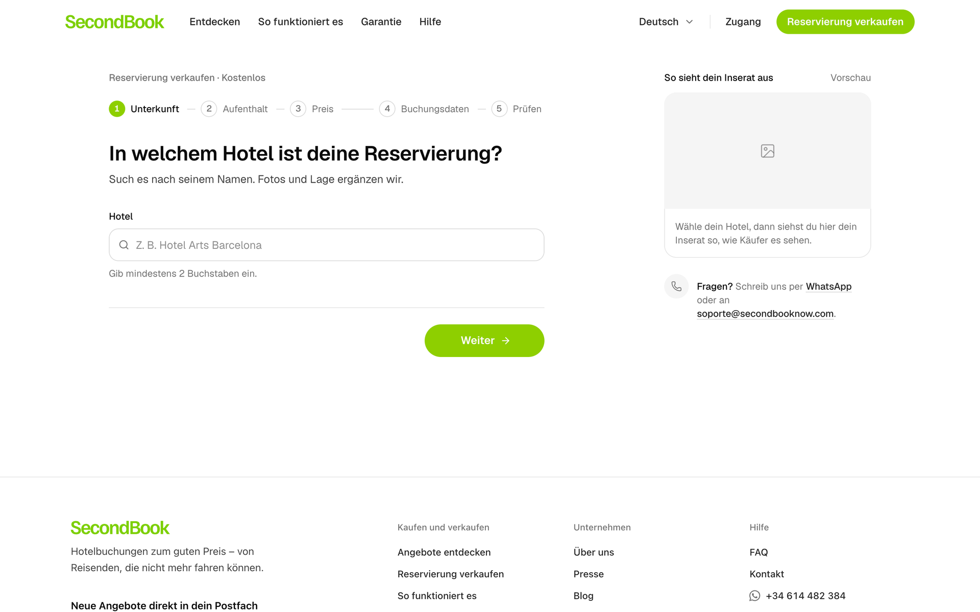 Erster Schritt beim Verkauf einer Buchung: das Hotel suchen, mit einer Vorschau des Angebots.