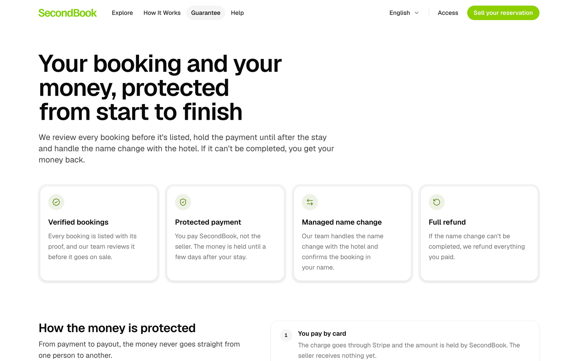 The guarantee page: verified bookings, protected payment, the name change handled and a full refund.