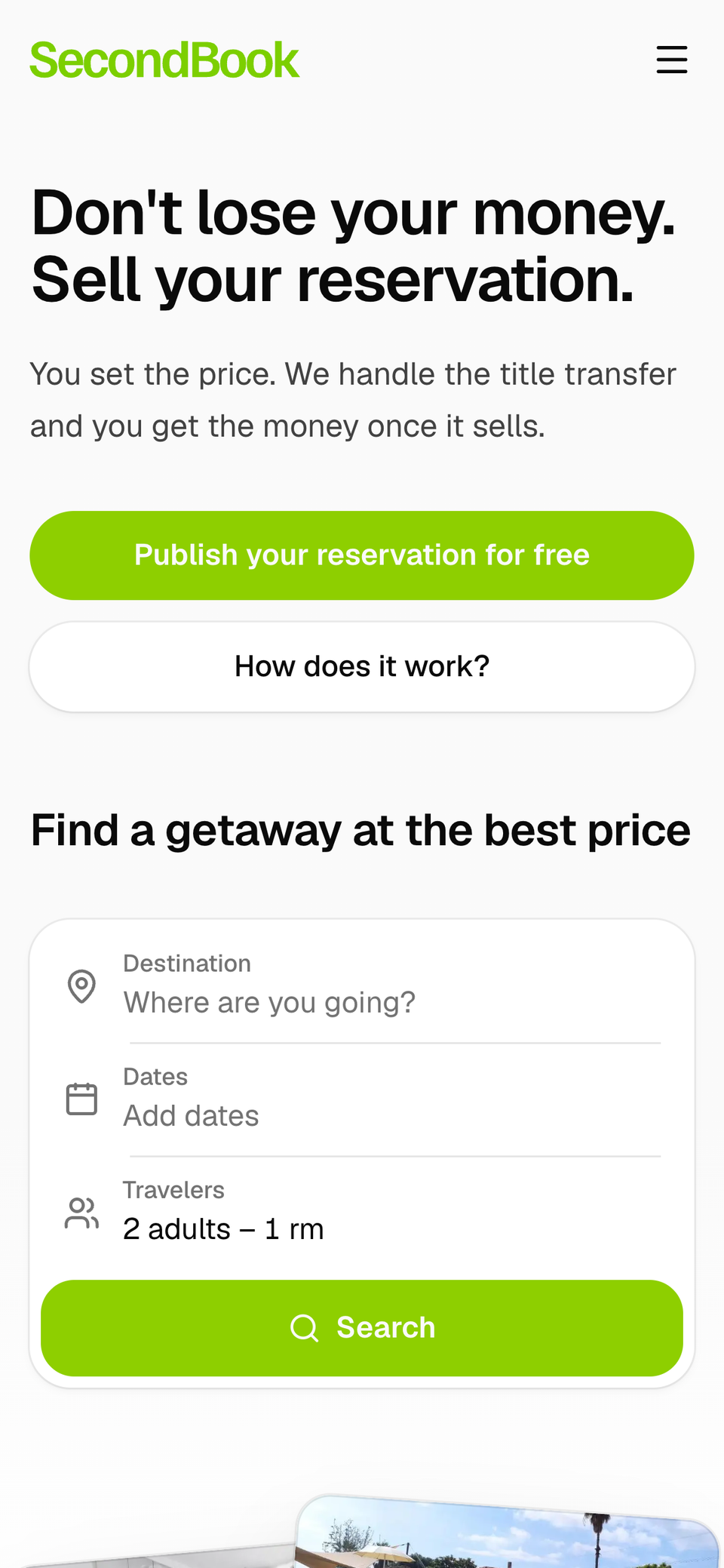 SecondBook home page on a phone, with the button to list a booking for free and the hotel search.