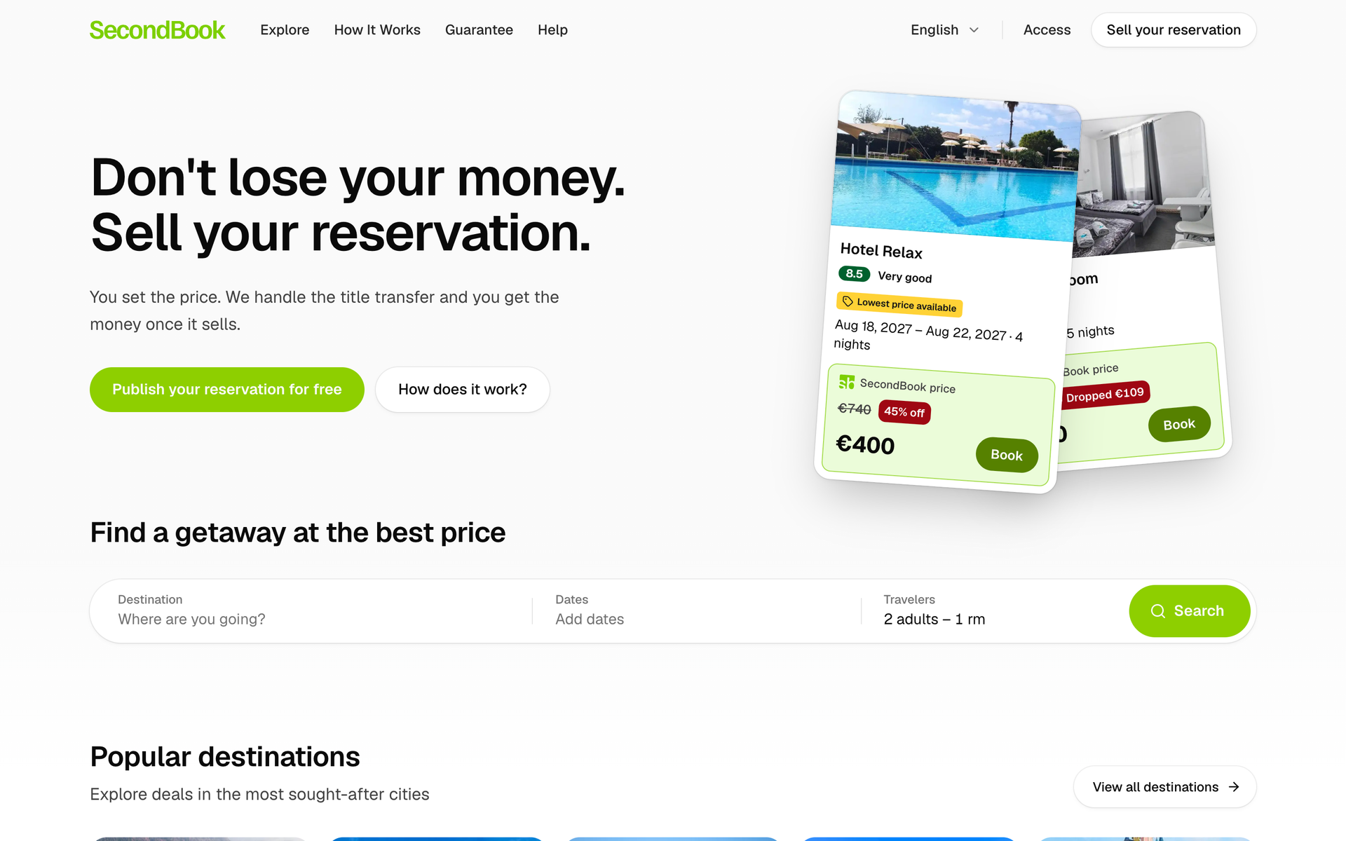 SecondBook home page: “Don’t lose your money. Sell your reservation.”, with two discounted hotel offers and the hotel search.