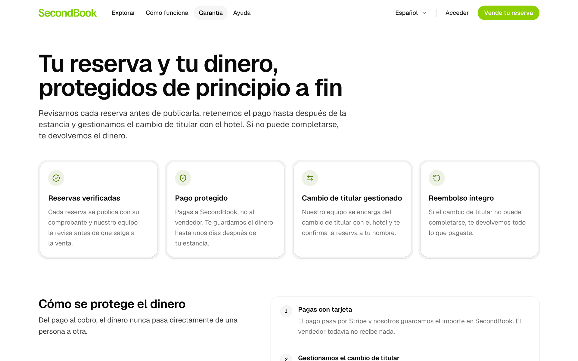 Página de la garantía: reservas verificadas, pago protegido, cambio de titular gestionado y reembolso íntegro.
