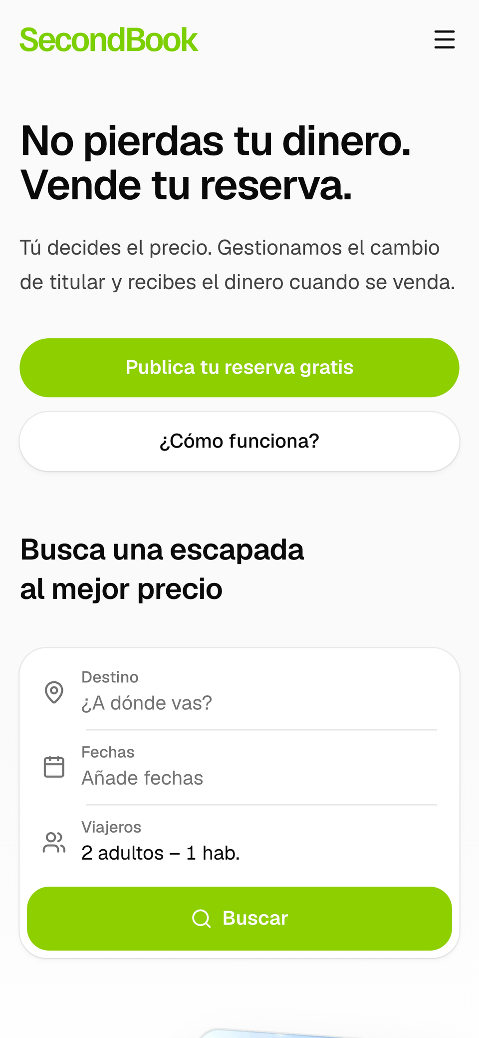 Página de inicio de SecondBook en un móvil, con el botón para publicar una reserva gratis y el buscador.