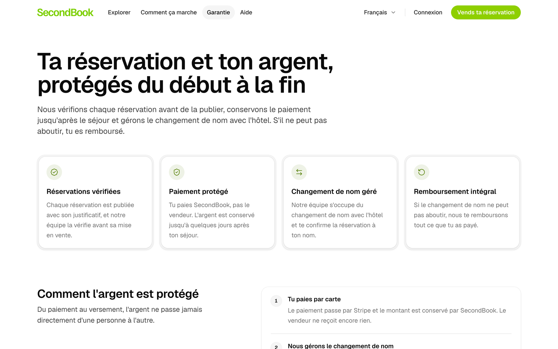 La page de la garantie : réservations vérifiées, paiement protégé, changement de titulaire géré et remboursement intégral.