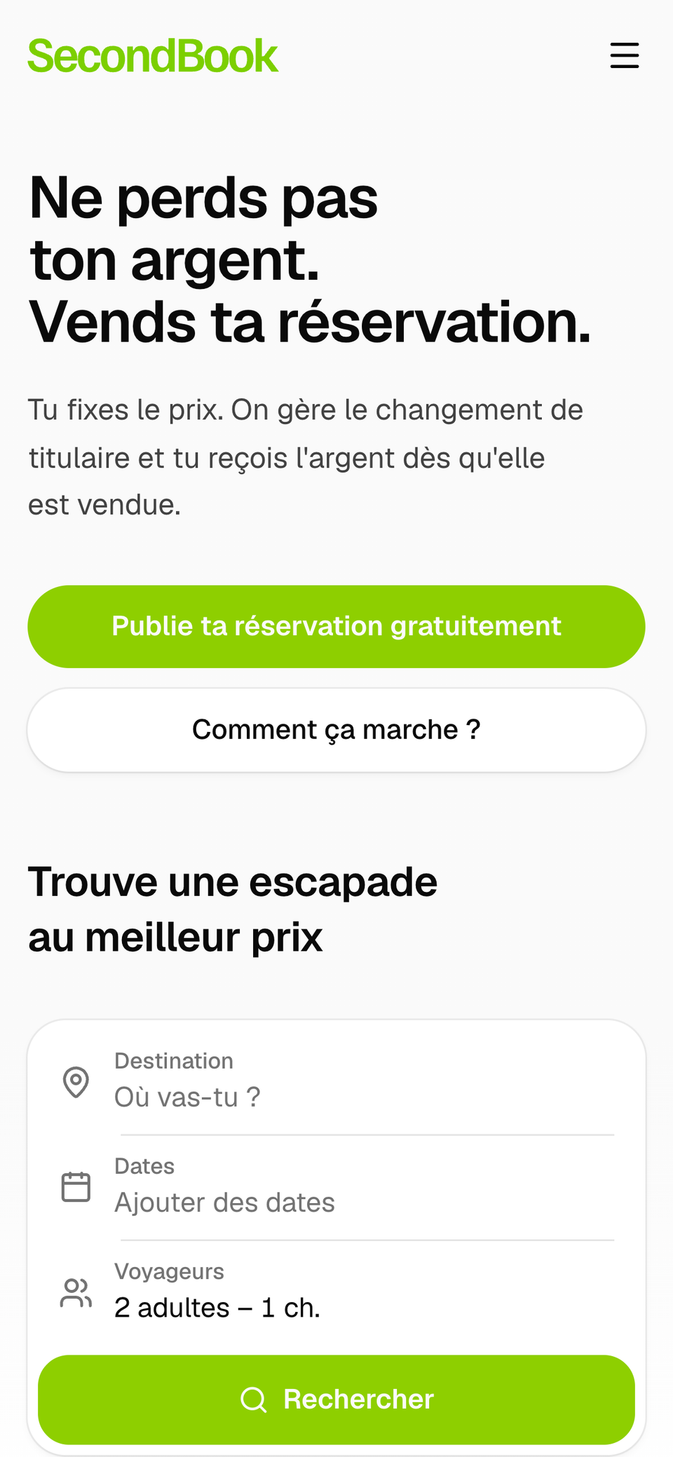 Page d’accueil de SecondBook sur un téléphone, avec le bouton pour publier une réservation gratuitement et la recherche.