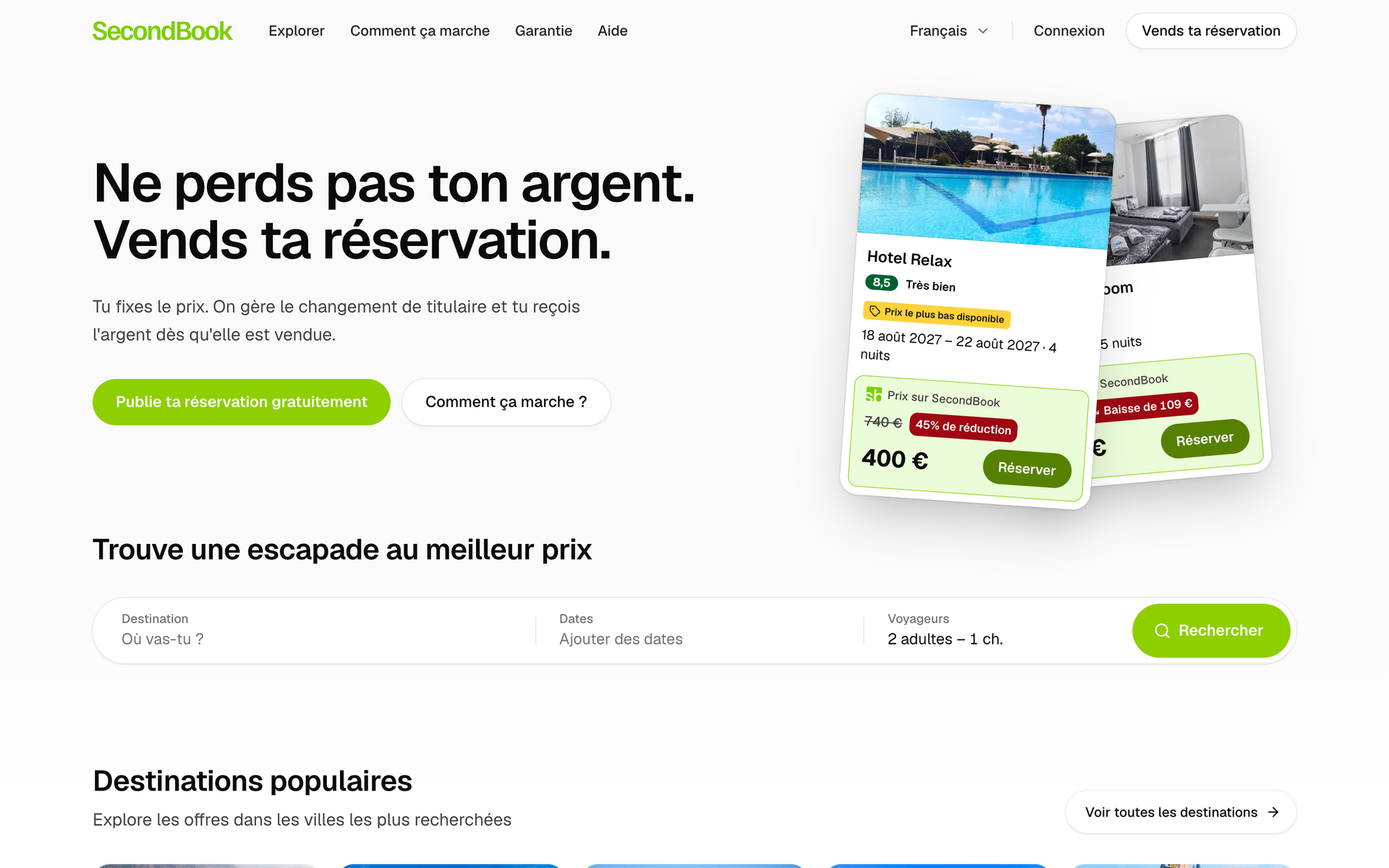 Page d’accueil de SecondBook : « Ne perds pas ton argent. Vends ta réservation. », avec deux offres d’hôtel à prix réduit et la recherche.