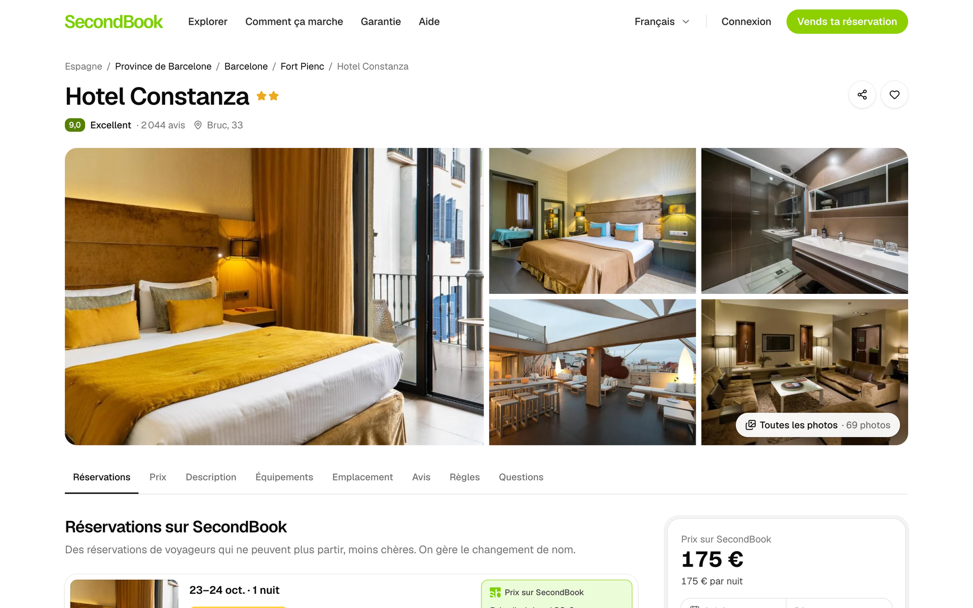 Une page d’hôtel sur SecondBook : photos, note des clients et les réservations de cet hôtel en vente, avec leur prix.