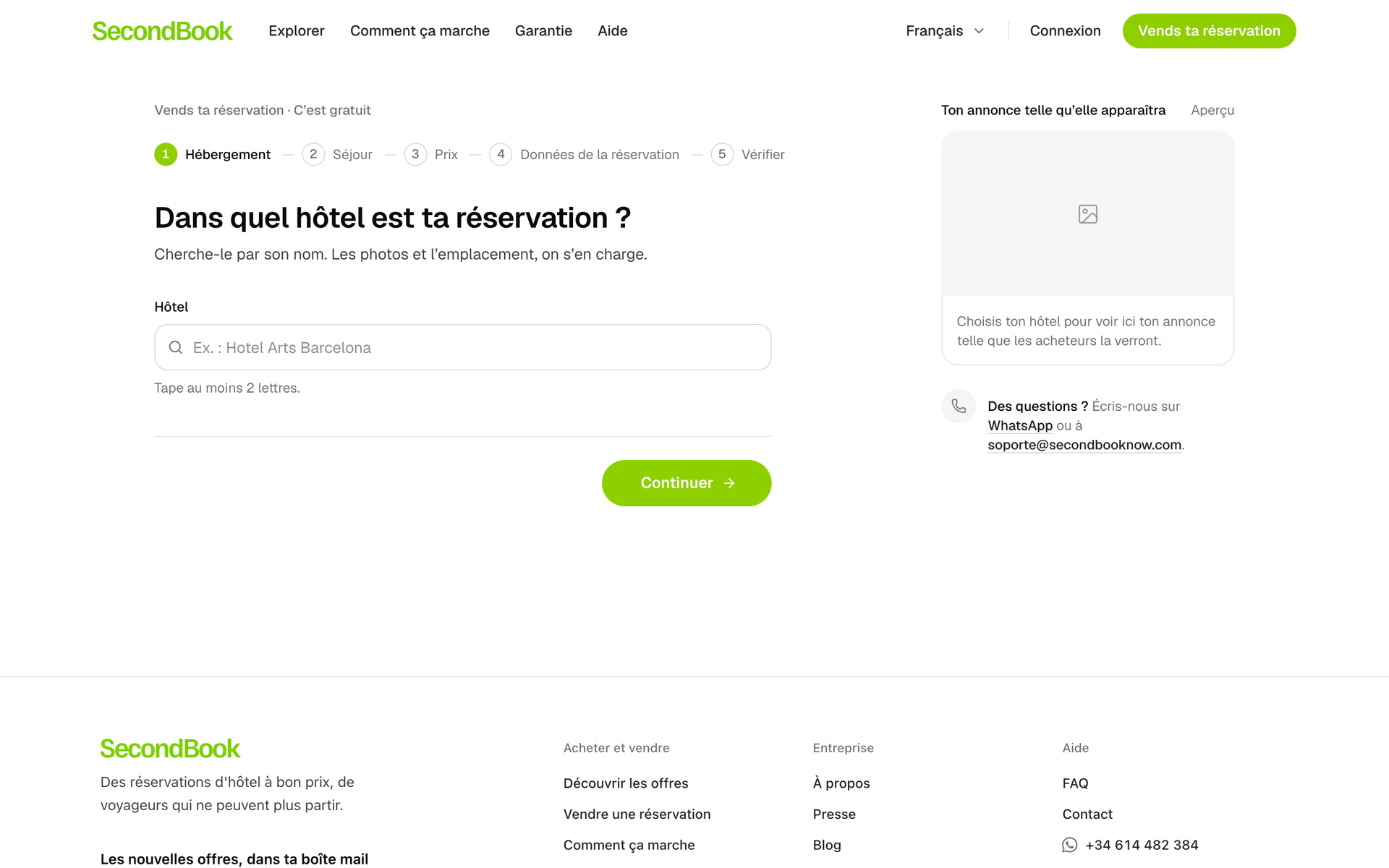 Première étape pour vendre une réservation : chercher l’hôtel, avec un aperçu de l’annonce.