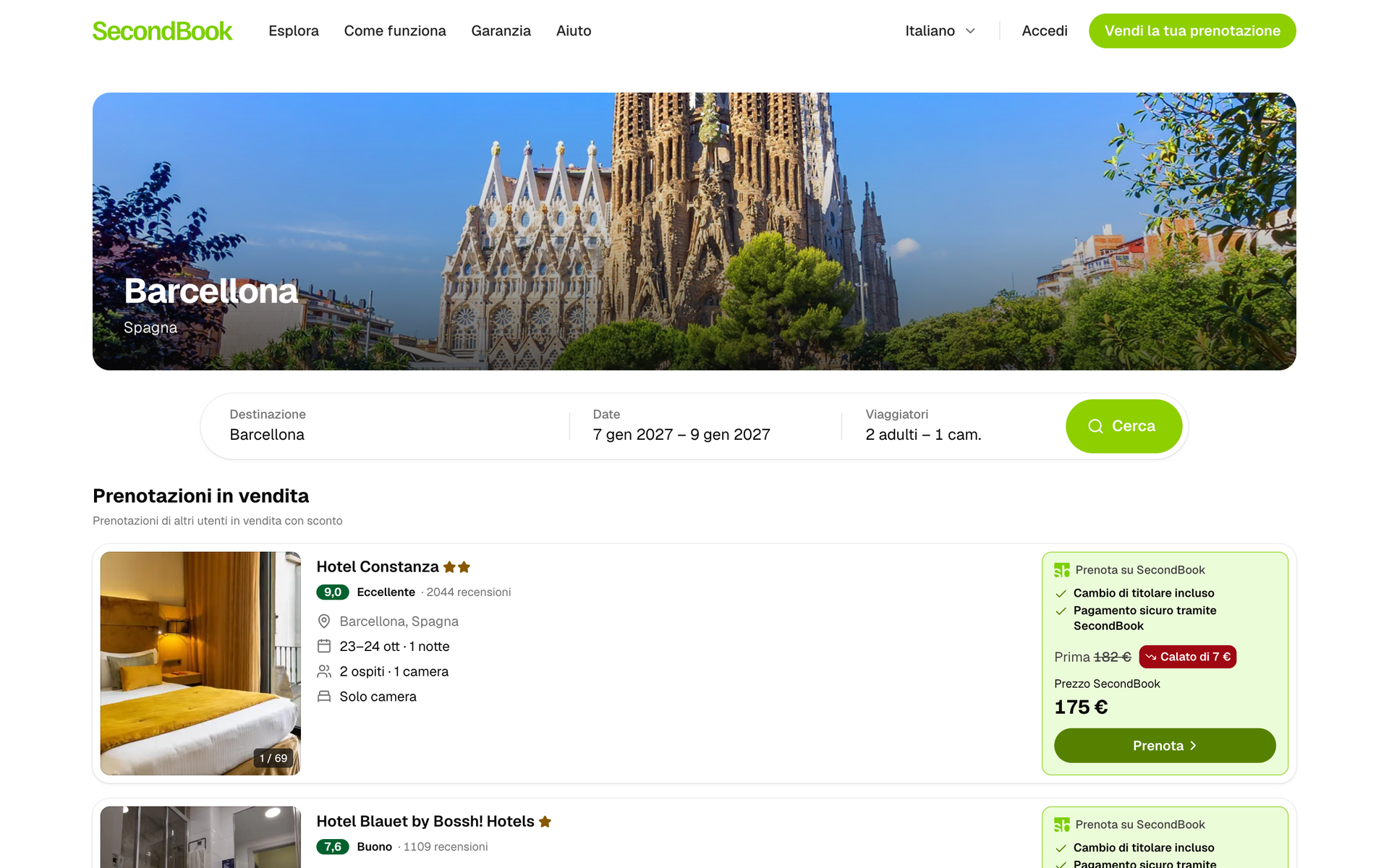 La pagina di Barcellona: una foto della città, la ricerca e le prenotazioni in vendita negli hotel della città, con prezzo e ribasso.
