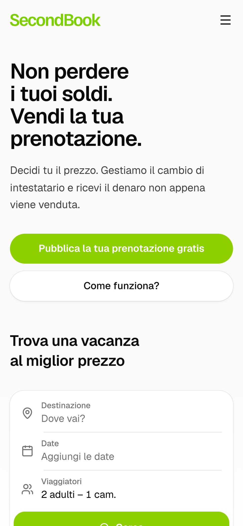 Pagina iniziale di SecondBook su uno smartphone, con il pulsante per pubblicare una prenotazione gratis e la ricerca.