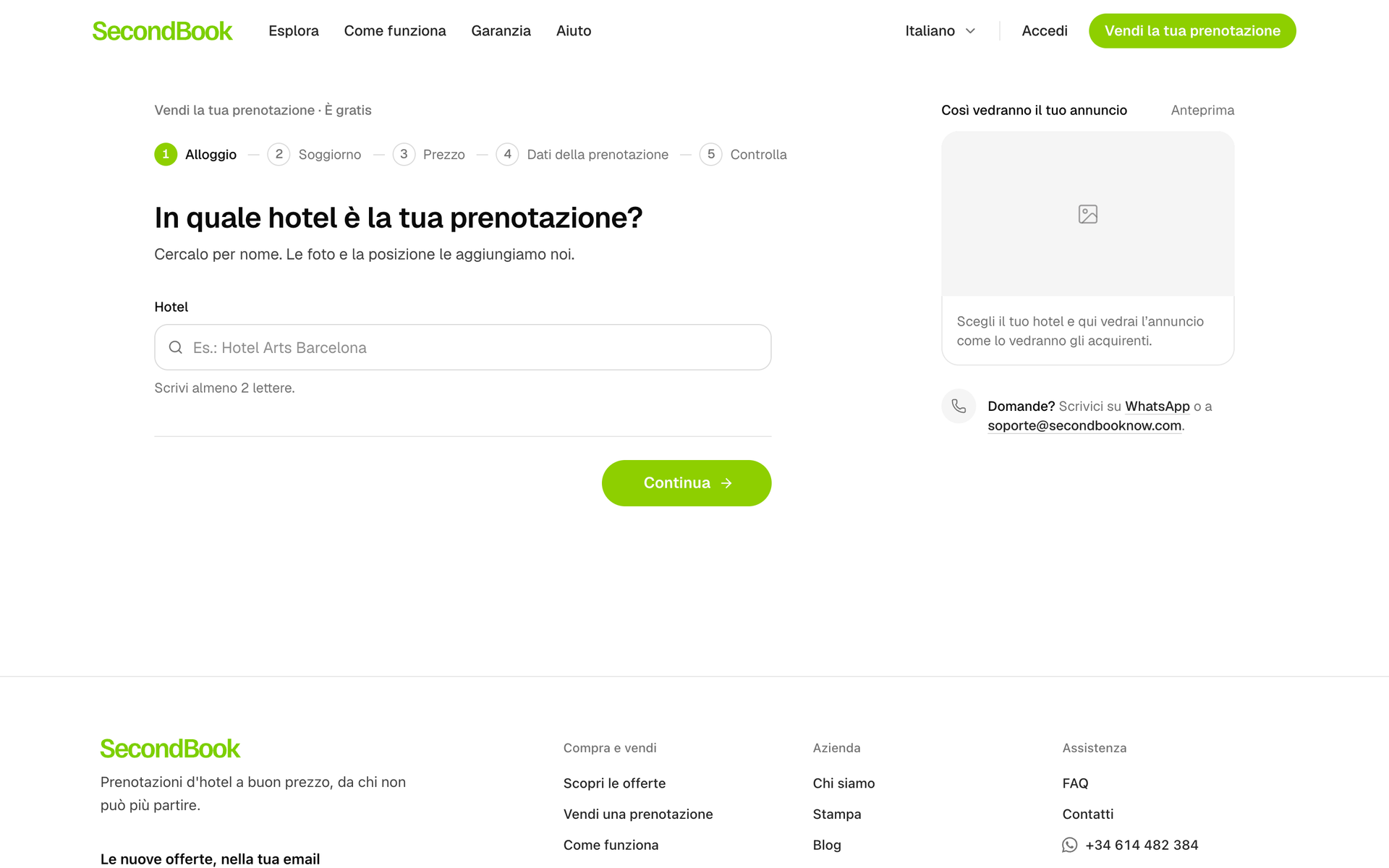Primo passo per vendere una prenotazione: cercare l’hotel, con un’anteprima dell’annuncio.
