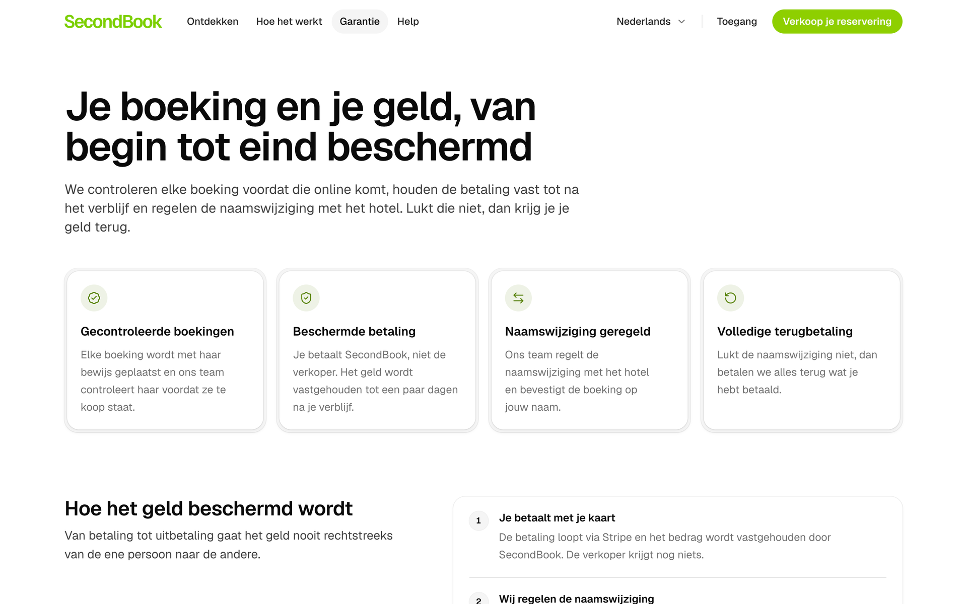 De garantiepagina: gecontroleerde boekingen, beschermde betaling, de naamswijziging geregeld en volledige terugbetaling.