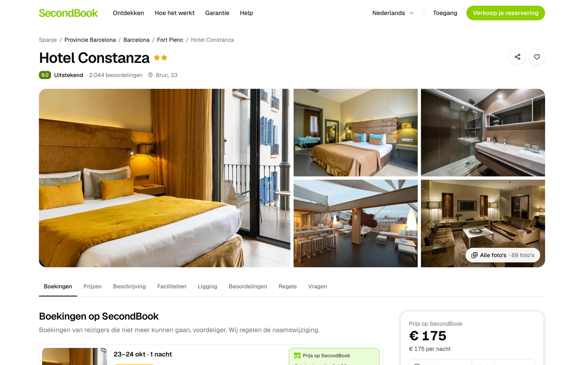Een hotelpagina op SecondBook: foto’s, de beoordeling van gasten en de boekingen van dat hotel te koop, met hun prijs.