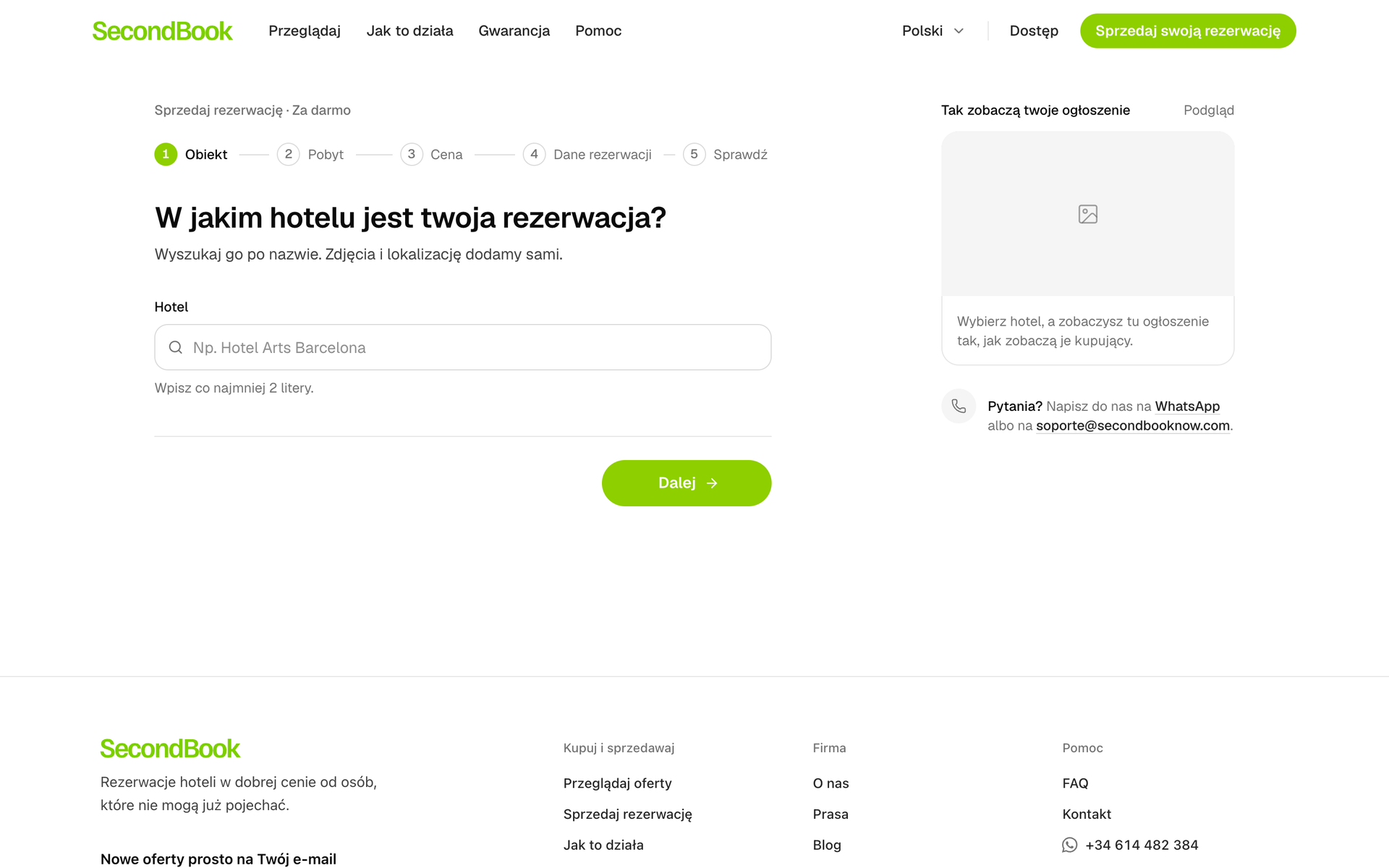 Pierwszy krok sprzedaży rezerwacji: wyszukanie hotelu, z podglądem ogłoszenia.