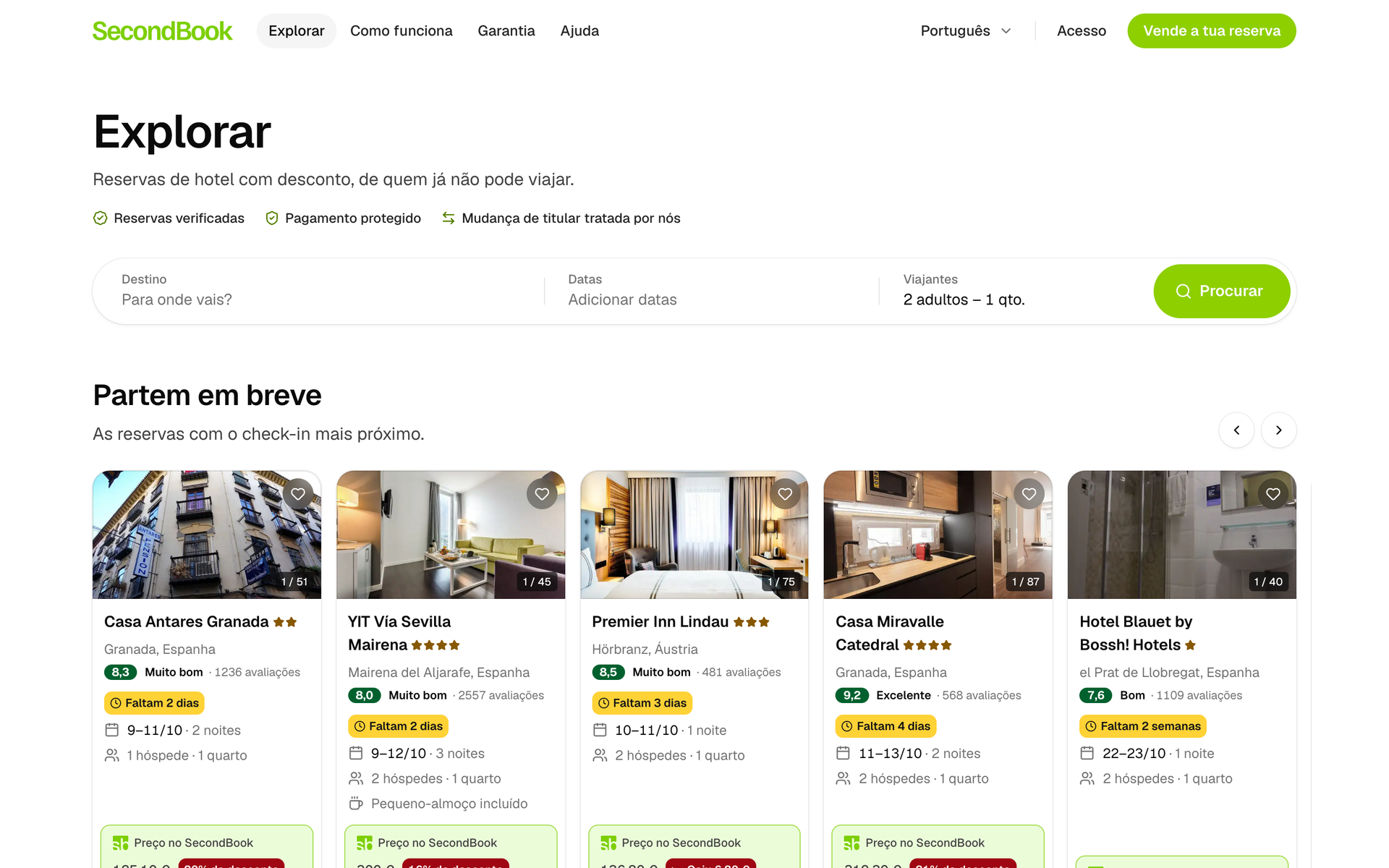 Página Explorar com a pesquisa de hotéis e uma fila de reservas com desconto que começam em breve.