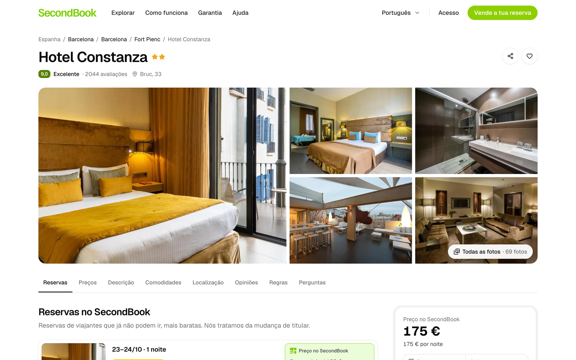 Página de um hotel no SecondBook: fotos, a avaliação dos hóspedes e as reservas desse hotel à venda, com o preço.