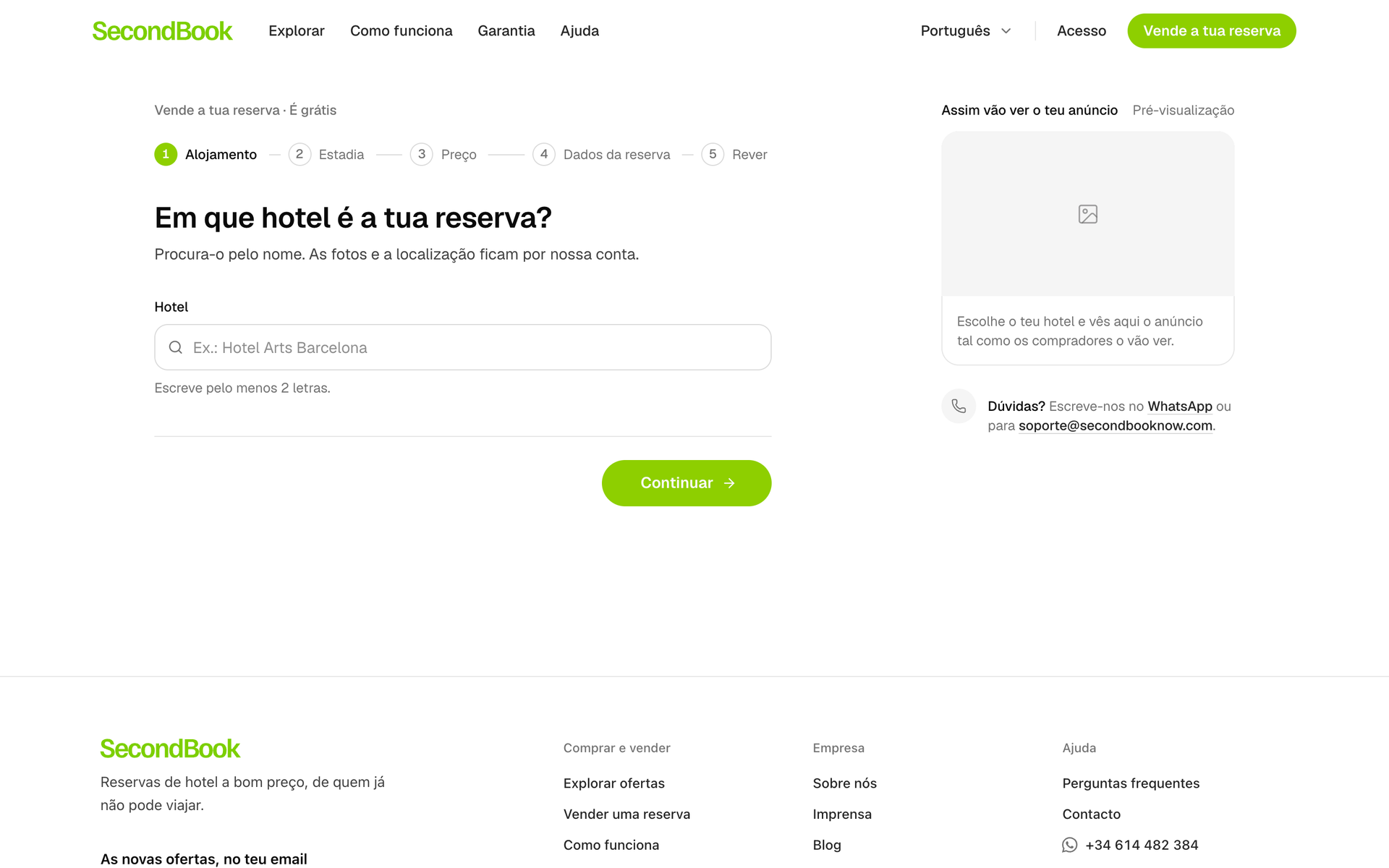 Primeiro passo para vender uma reserva: procurar o hotel, com uma pré-visualização do anúncio.